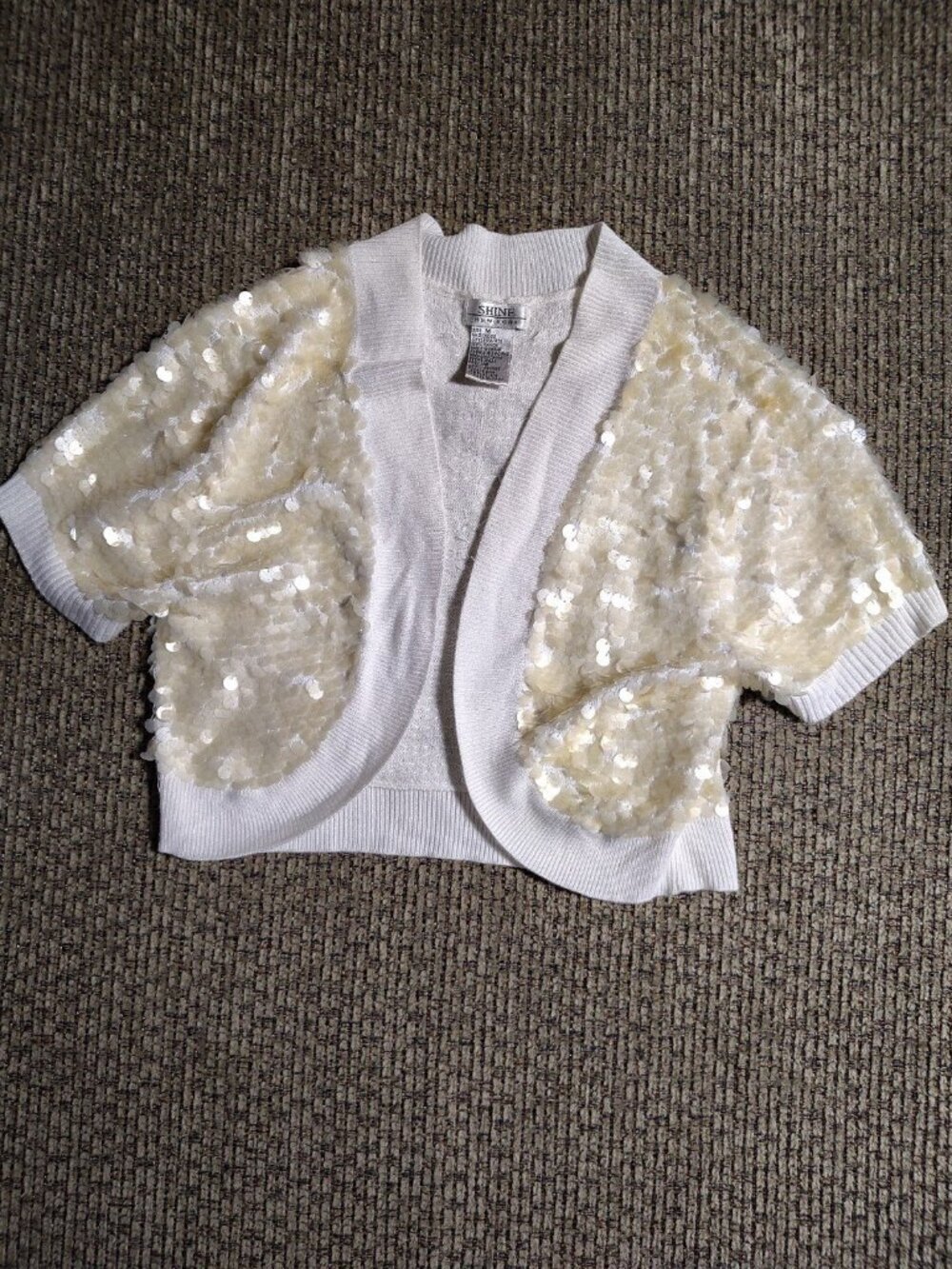 Vintage Y2K Shine New York Sequin Shrug Cardigan Sweater M Open Sequin White